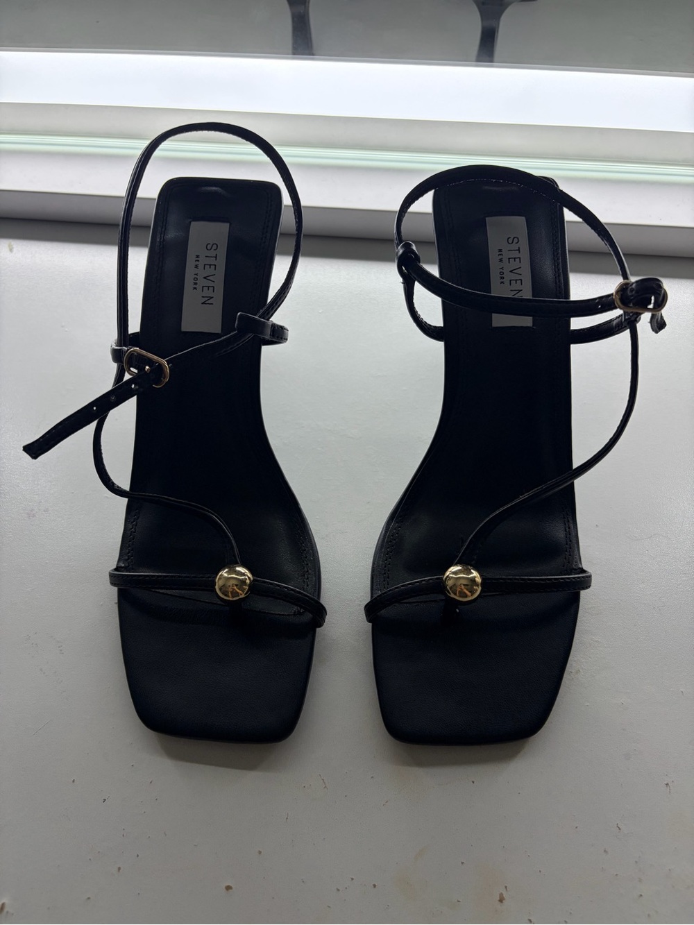 Steve Madden Black Strappy Kitten Heel with Gold Accents